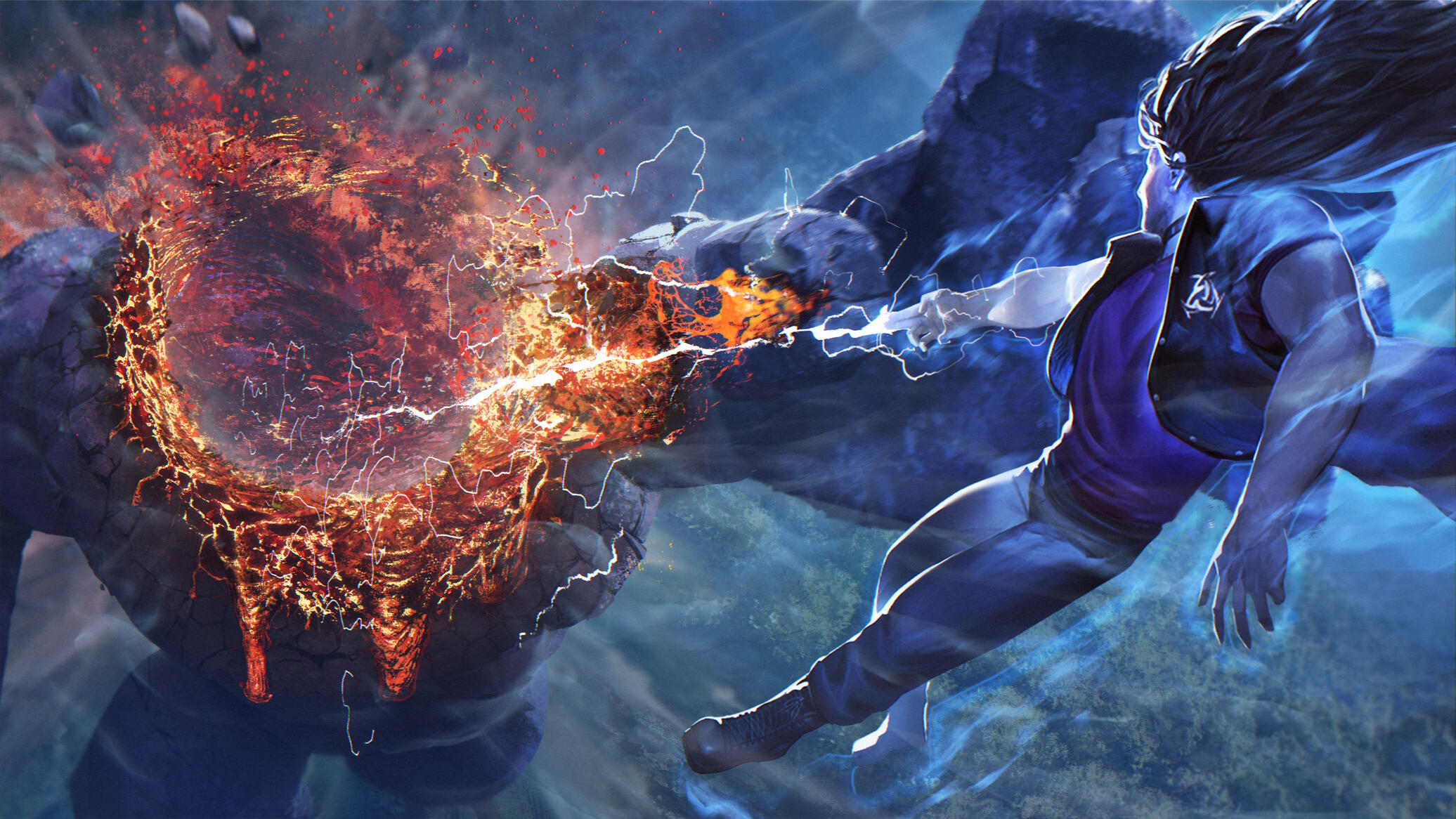Raikoho Kurisu hangs suspended in the air, a bolt of lightning trailing from the tips of his fingers blowing through a massive stone golem.