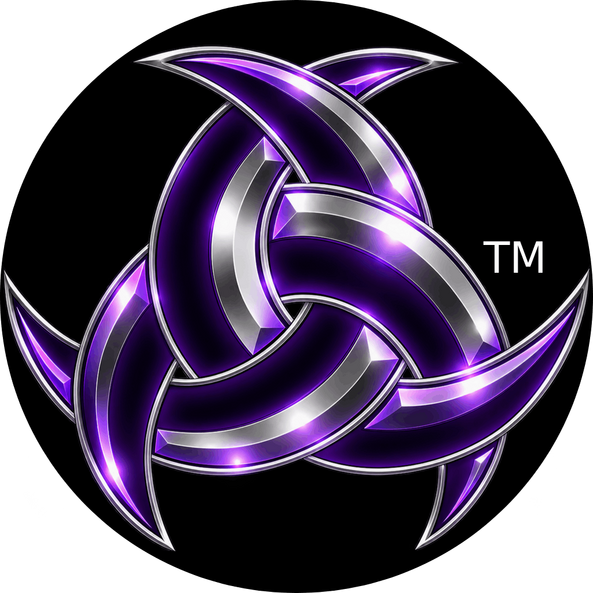 An interlocking triple crescent moon symbol, resembling a triskelion, known as the Nodaichi Kamon for the Sanzensekai series.