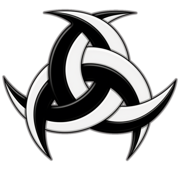 An interlocking triple crescent moon symbol, resembling a triskelion, known as the Nodaichi Kamon for the Sanzensekai series.